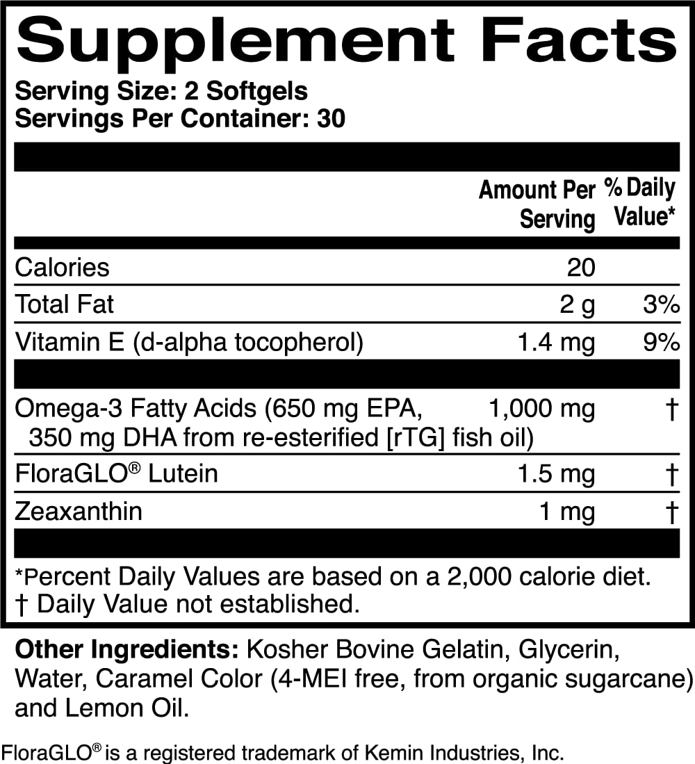 OmegaAdvance Omega-3 Fish Oil Supplement - Pure - No Metals or Contaminants - 1000 MG. EPA & DHA - Triglyceride Form - Lutein & Zeaxanthin - 60 Softgels