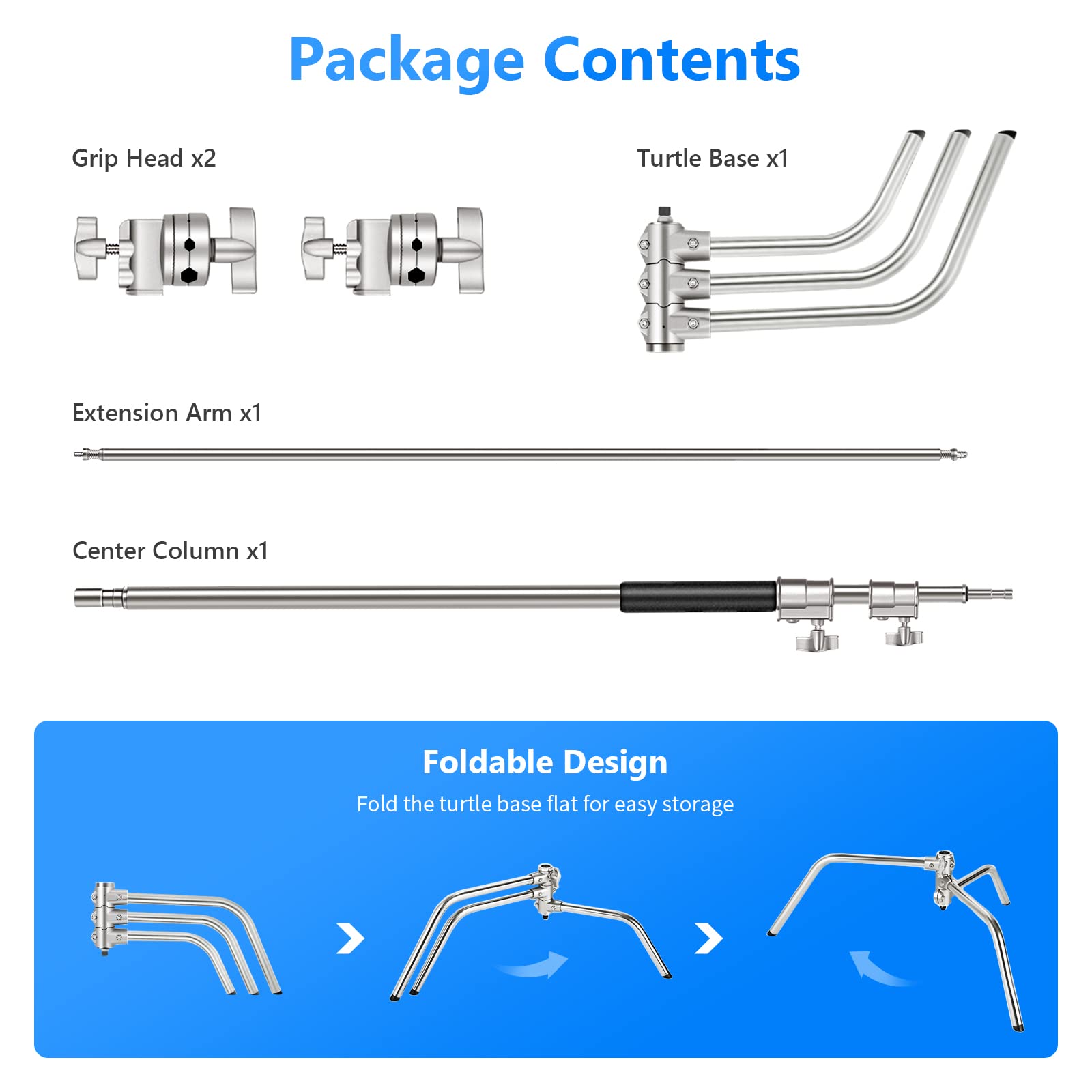 NEEWER Pro 100% Stainless Steel Heavy Duty C Stand with Boom Arm, Max Height 10.5ft/320cm Photography Light Stand with 4.2ft/128cm Holding Arm, 2 Grip Head for Studio Monolight, Softbox, Reflector