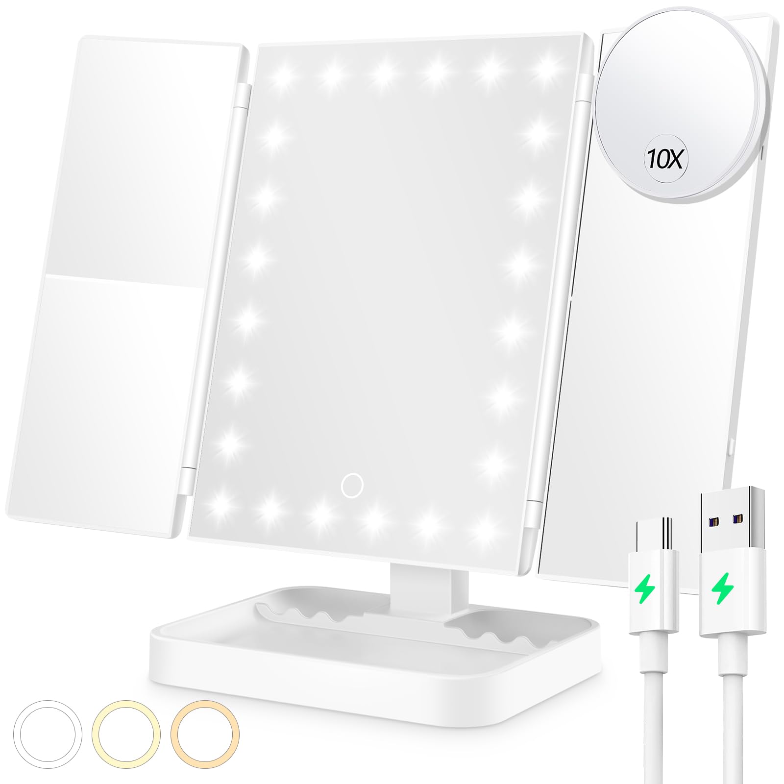 NIKKOMON Wireless Rechargeable Lighted Makeup Mirror with 3 Color Lighting, 2000mAh Rechargeable Battery, 10x 3X 2X Magnification Mirror, 24 LED Mirror, 360 Degree Rotation, Gift for Woman (White)