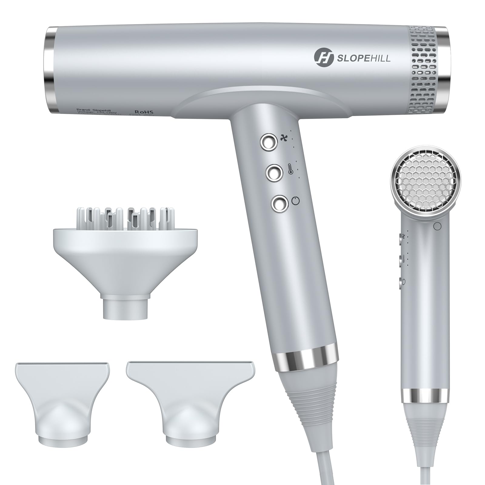 Slopehill Professional Hair Dryer With Diffuser, Ionic, Powerful & Fast Salon Blow Dryer, 110,000 RPM Brushless Motor, Light & Compact for Home Travel (Silver)
