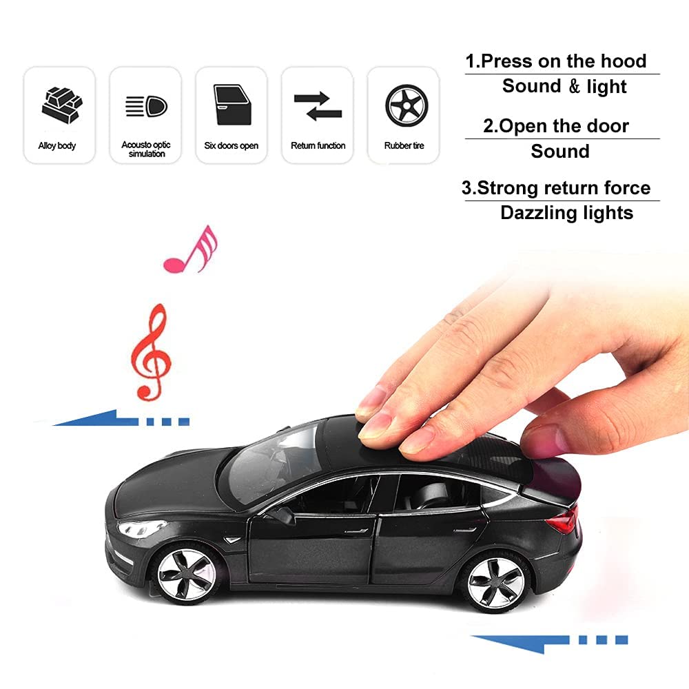 1:32 Scale Model 3 Car Toy Pull Back with Sound and Light, Alloy Diecast Mini Vehicles Toys for Kids Gift or Tesla Car Model Collection Enthusiasts Gift (Noble Black)