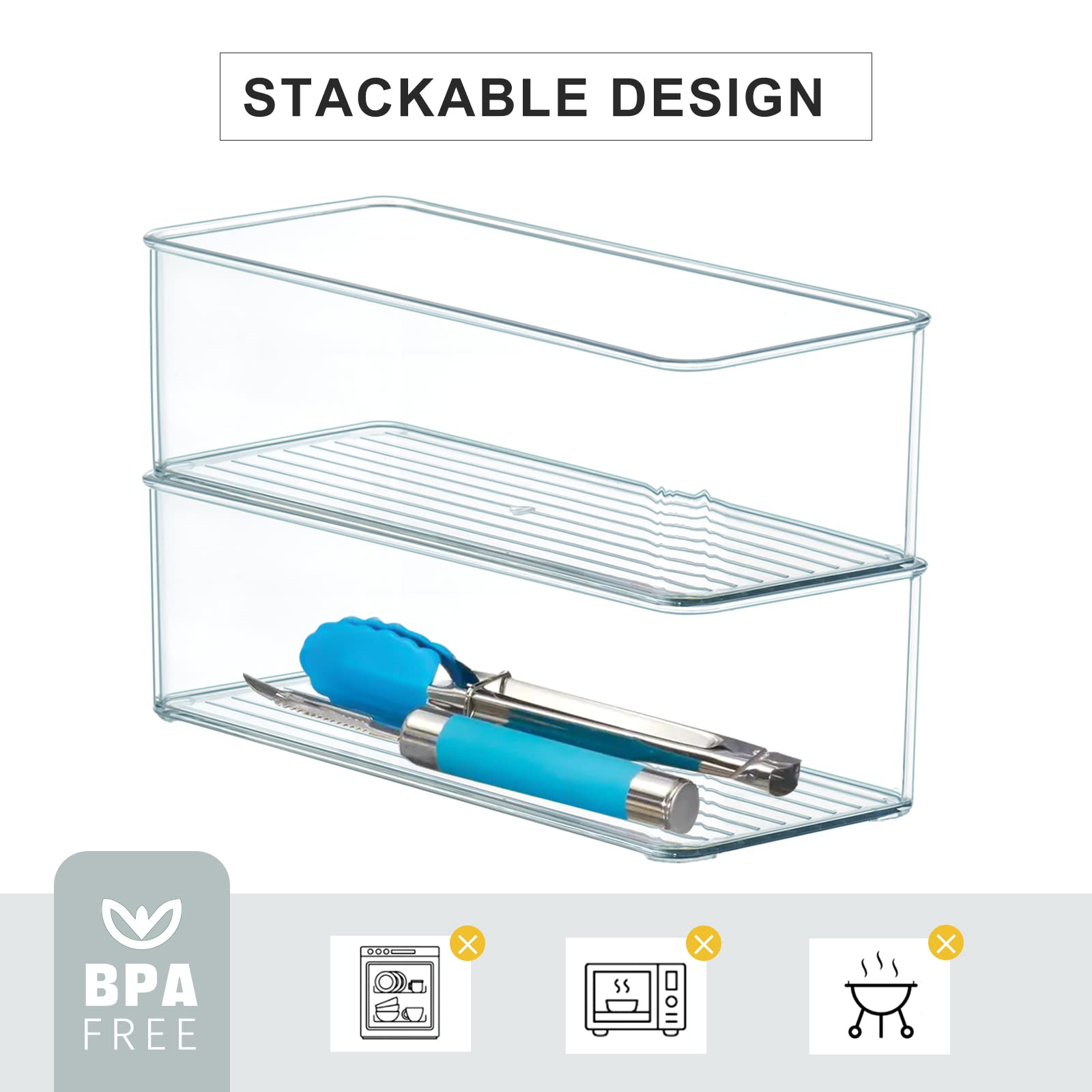 Hudgan 8 Pack Clear Plastic Drawer Organizer Bins Set, Stackable Cutlery Storage Bins Trays for Organizing Kitchen, Bathroom, Office, Crafts, Gadgets, Cabinet Supplies