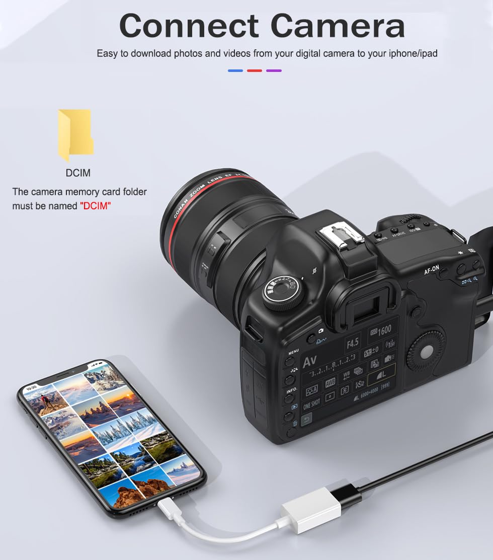 Naiyal Lightning to USB Camera Adapter, Apple MFi Certified USB OTG Cable Converter for iPhone 14 13 12 11 Pro Max XS XR X 8 iPad, Support Camera, Card Reader, USB Flash Drive, MIDI Keyboard