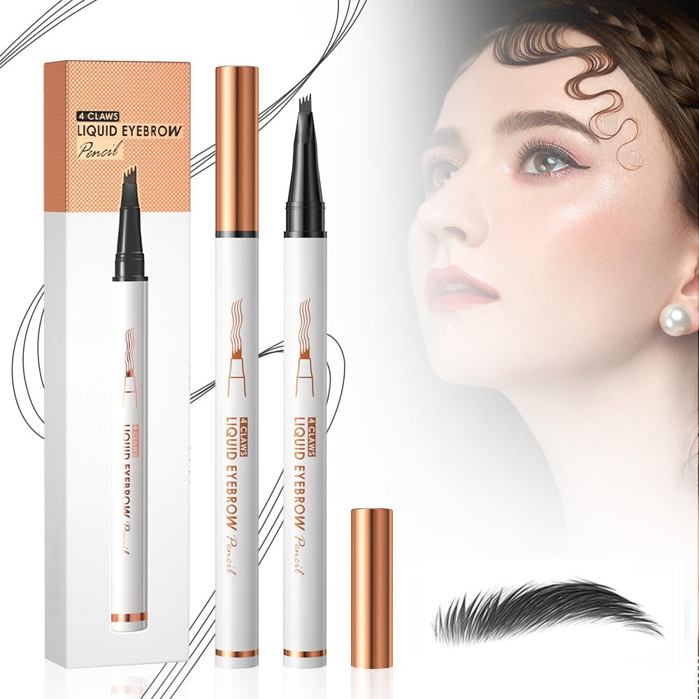 2PCS Waterproof 3D Eyebrow Pencil, 2025 New Magic Microblading Eyebrow Pencil Contouring Pen 4 Tipped Brown Pen, Eye Brown Makeup Long-Lasting Eyebrow Pencil for Women (Black)