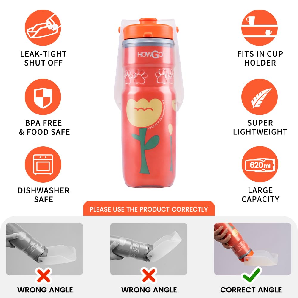 HOWGO Large Dog Water Bottle, Insulated Water Bottle, Super Light-Weight, Portable Travel Water Bottle Dispenser for Walking, Hiking, Running, Easy to Use, BPA-Free 21oz Water for Dogs(Orange)