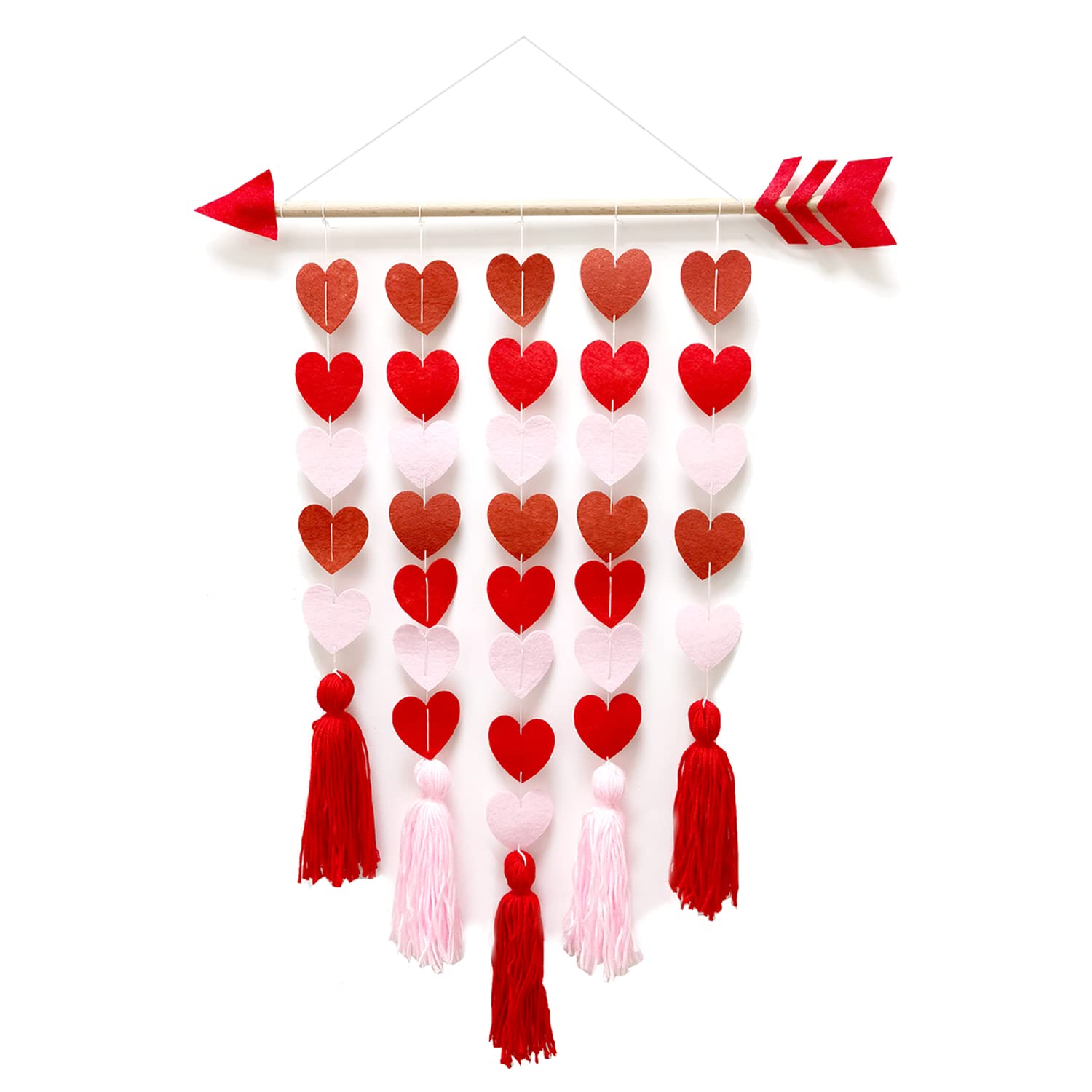 Valentines Day Tassel Garland Boho Wall Hanging Decoration Cupid Wooden Hanging Garland with Felt Hearts and Tassels for Valentine's Day Wedding Living Room Bedroom Nursery Room Decoration