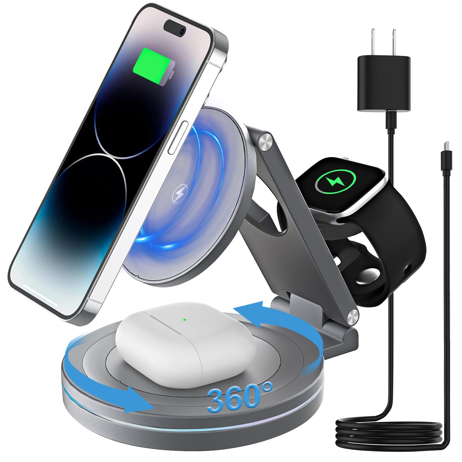 kytuwy Wireless Charger iPhone, 3 in 1 Charging Station for Apple Charger, Portable Charging Stand for iPhone 15 14 13 12 Series Apple Watch Ultra 9 8 7 6 SE 5 4 3/AirPods Pro 2