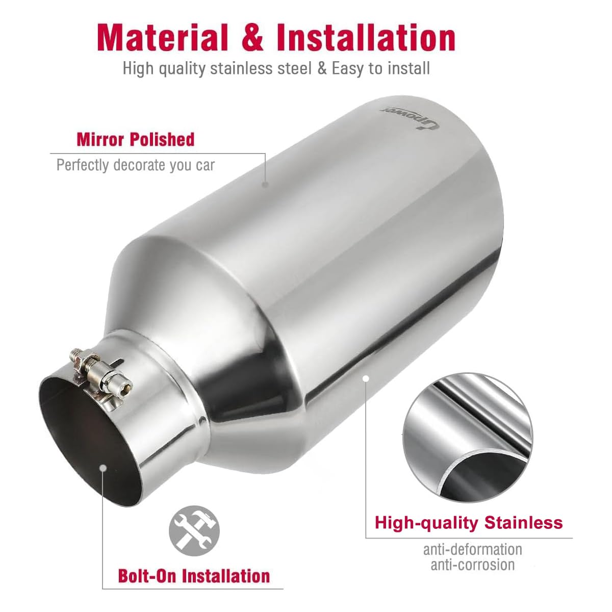Upower 4 inch Inlet 8 inch Outlet Exhaust Tip Stainless Steel 4" to 8" Tail Pipe Tips 15" Long Bolt-On 45 Degree Angle Cut Universal for Car Truck