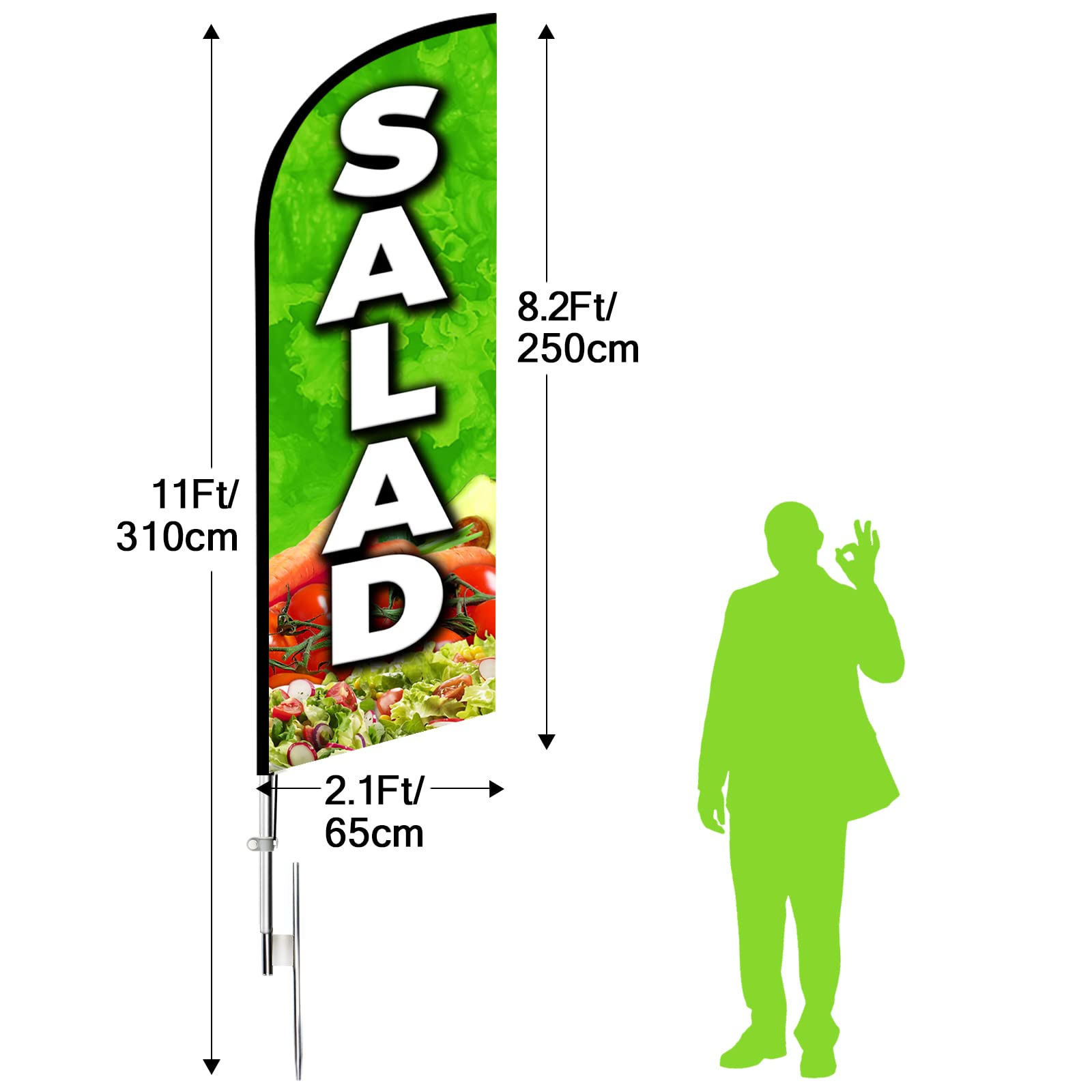 QSUM Salad Signs for Business, Salad Feather Flags, 11FT Polyester Swooper Flag with Aluminium Alloy Flag Pole Kit, Stainless Steel Ground Stake for Business Advertising