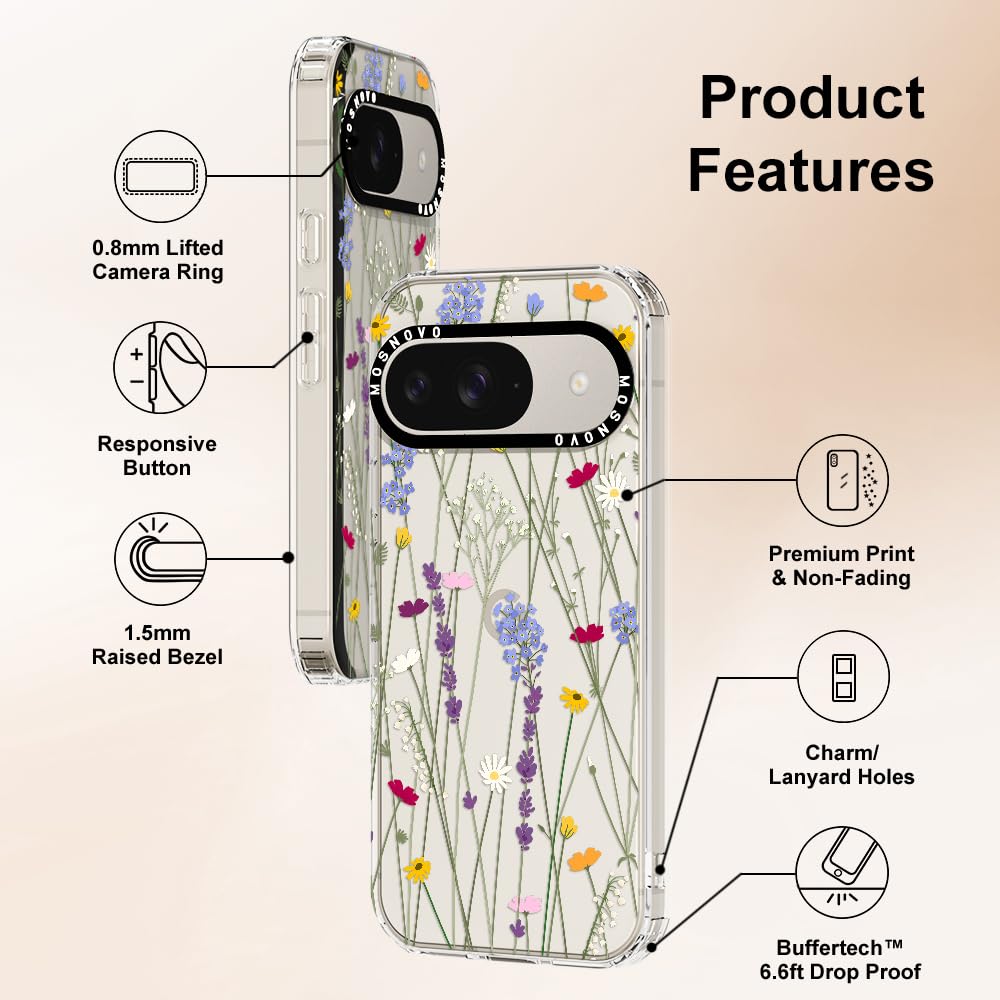 MOSNOVO Case for Google Pixel 9 & Pixel 9 Pro, [Buffertech 6.6ft Military-Grade Drop Protection] [Anti Peel Off Tech] Clear TPU Bumper Phone Case Cover Design - Floral Garden