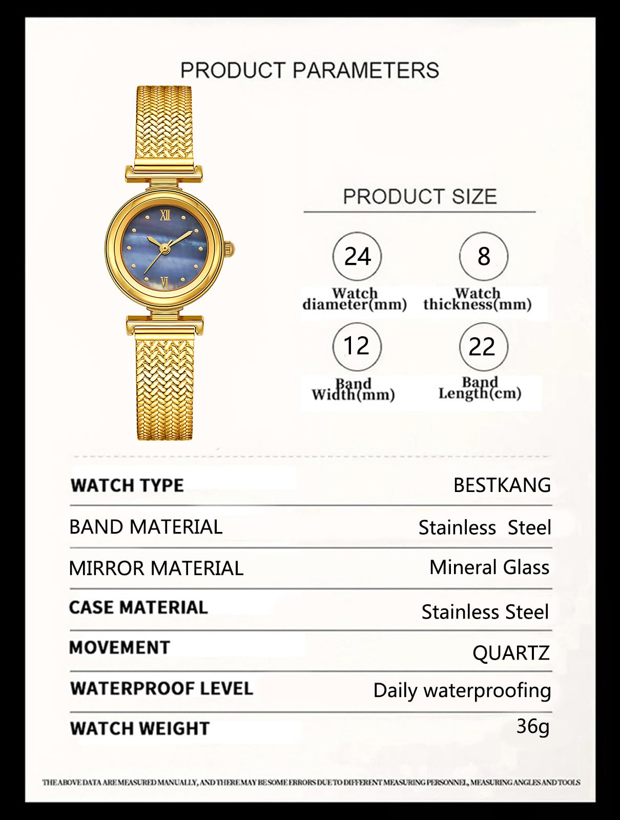 BESTKANG Elegant Women's Watch with Stainless Steel Mesh Band - Stylish Minimalist Design, Water-Resistant, Perfect for Casual & Formal Occasions (Gold Blue)