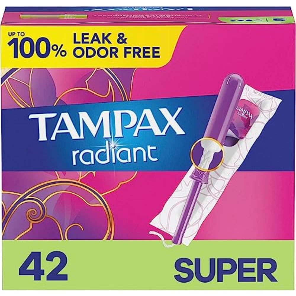 Tampax Radiant Tampons Super Absorbency with BPA-Free Plastic Applicator and LeakGuard Braid, Unscented, 42 Count