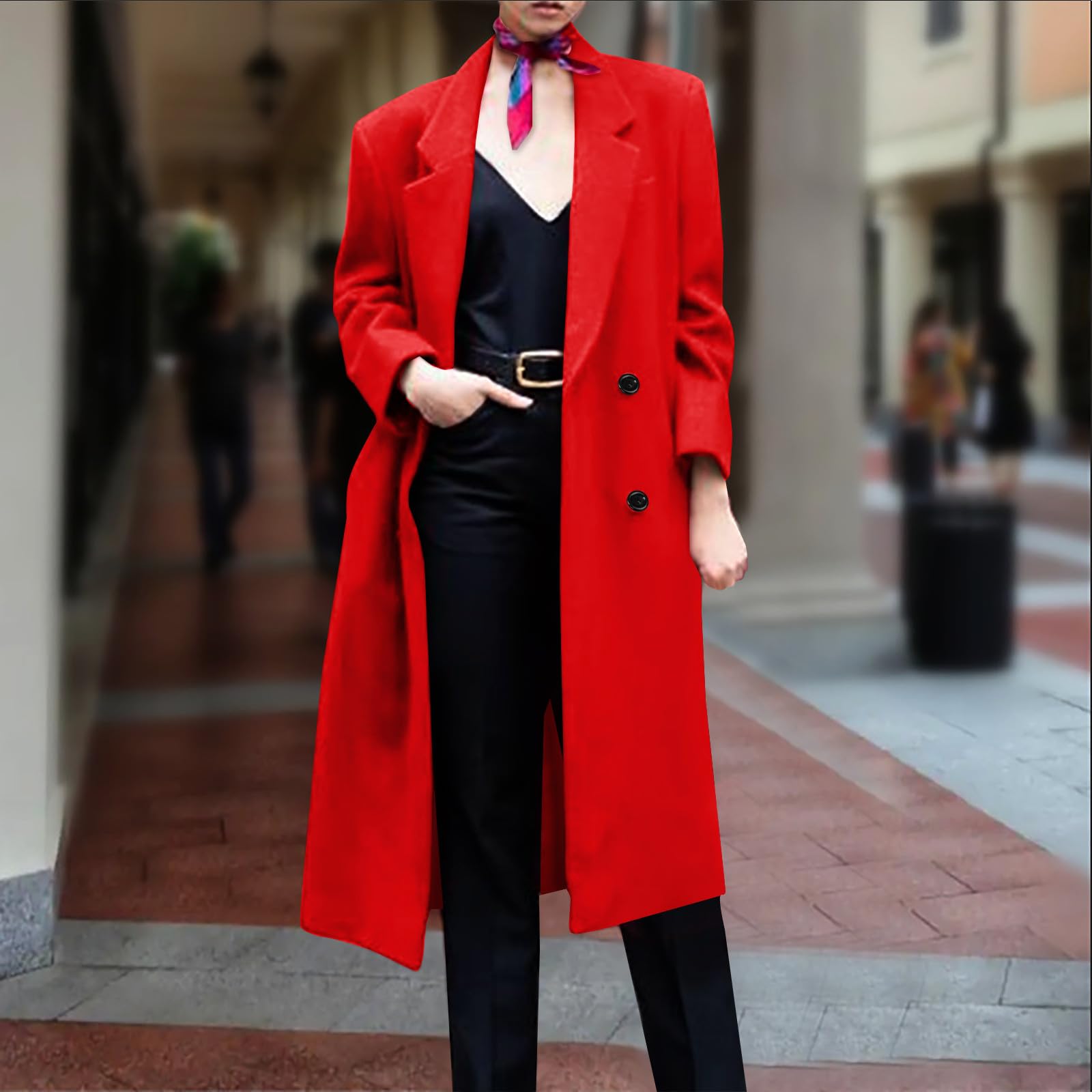 amazon the official site pea coats for women Women Notched Lapel Collar Pea Coat Double Breasted Loose Over Coats Long Sleeve Casual Fashion Jackets Red M