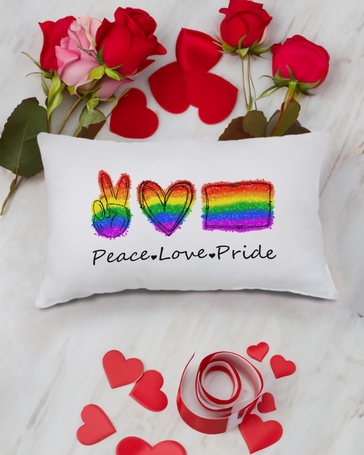 Valentine's Day Rainbow Pride Pillow Cover 12x20 Inch - Peace Sign, Heart, and Flag Design - Inclusive Love Celebration Cushion Case for Sofa and Couch Decor