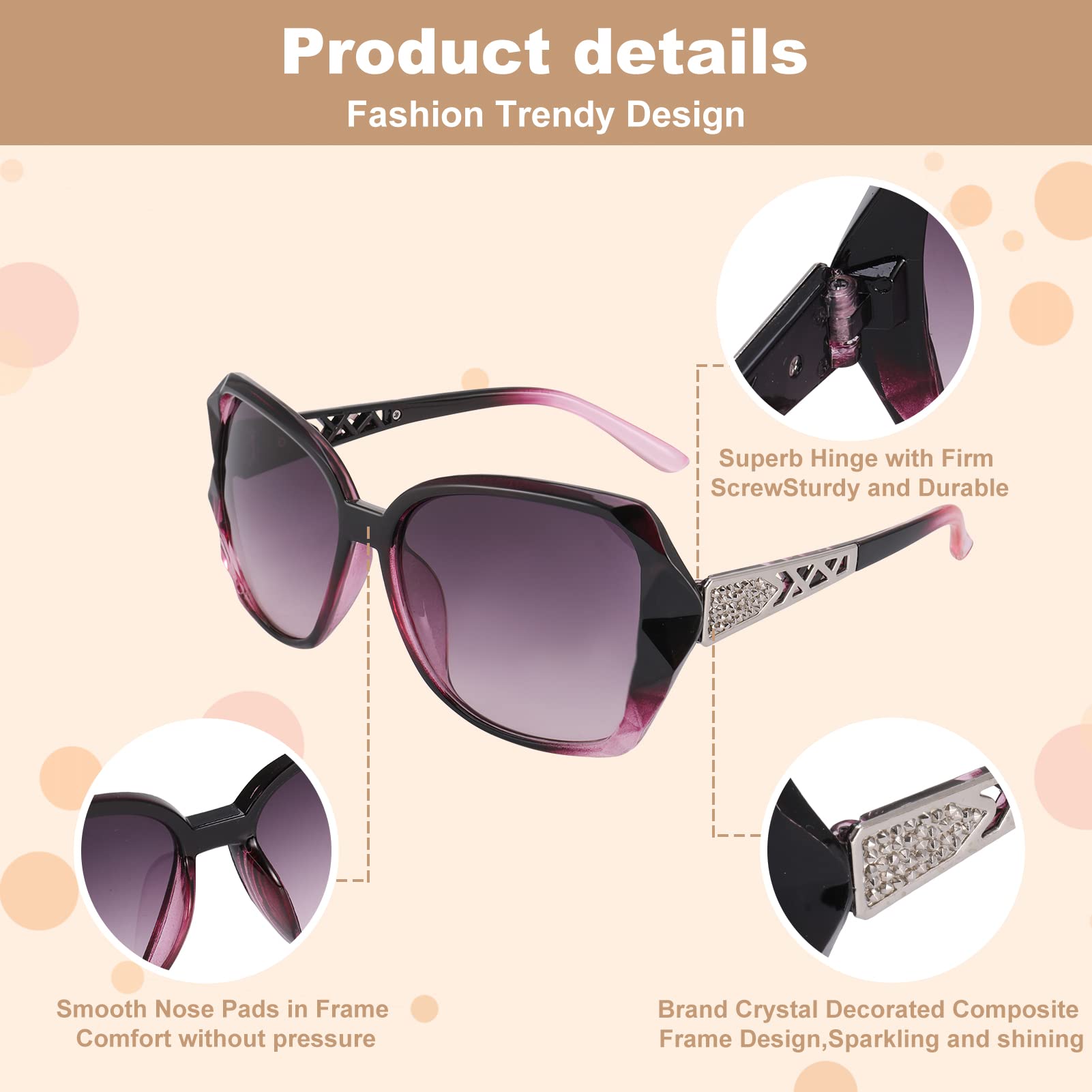 DragonflyDreams 4 Pcs Women Large Sunglasses, UV 400 Glasses Oversized Classic Trend Ladies Sunglasses Sparkling Large Frame Multicolor