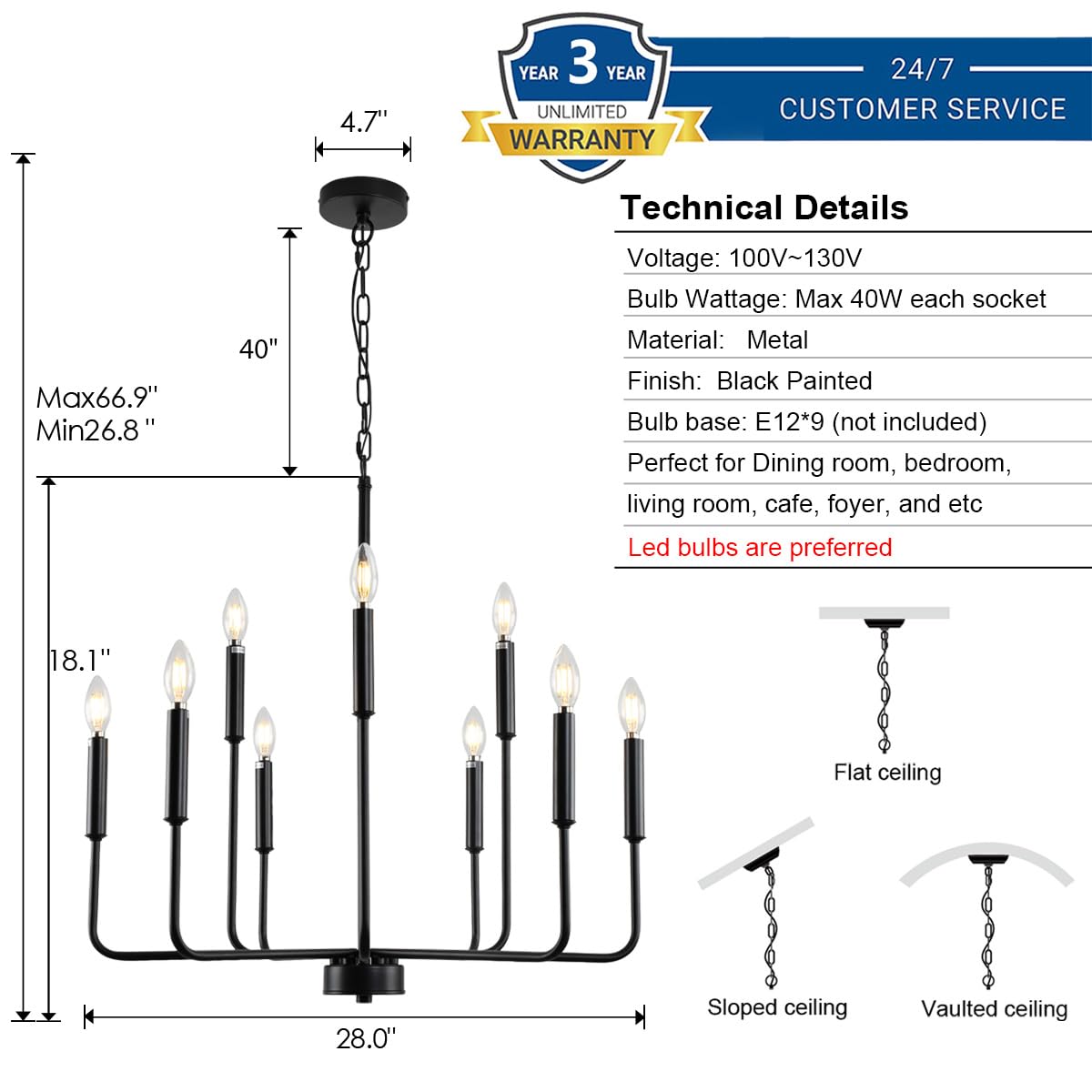 Black Chandelier, Modern Farmhouse Chandeliers for Dining Room 9-Lights Candle Pendant Lights Kitchen Island Rustic Industrial Black Metal Hanging Light Fixtures for Living Room Bedroom Entryway