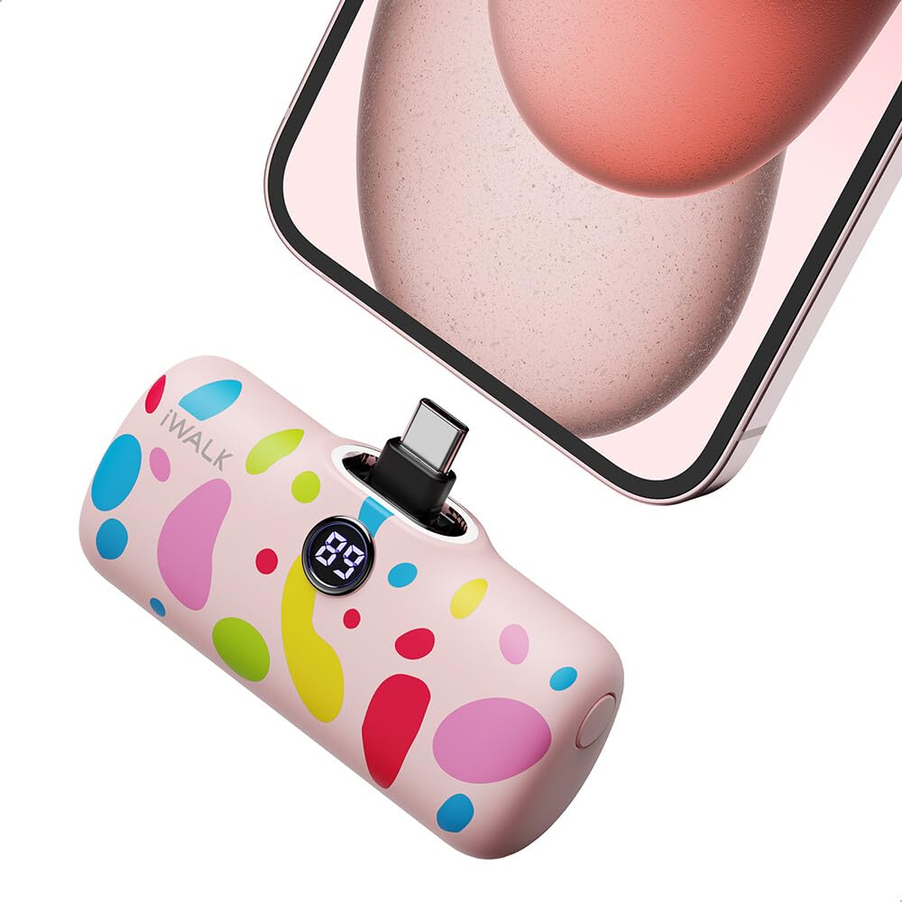 iWALK USB-C Portable Charger with Colorful Pattern, 20W PD Fast Charging 4800mAh Small Power Bank with LED Display, Compatible with iPhone 15/15 Plus/15 Pro/15 Pro Max, iPad, Airpods, Pink