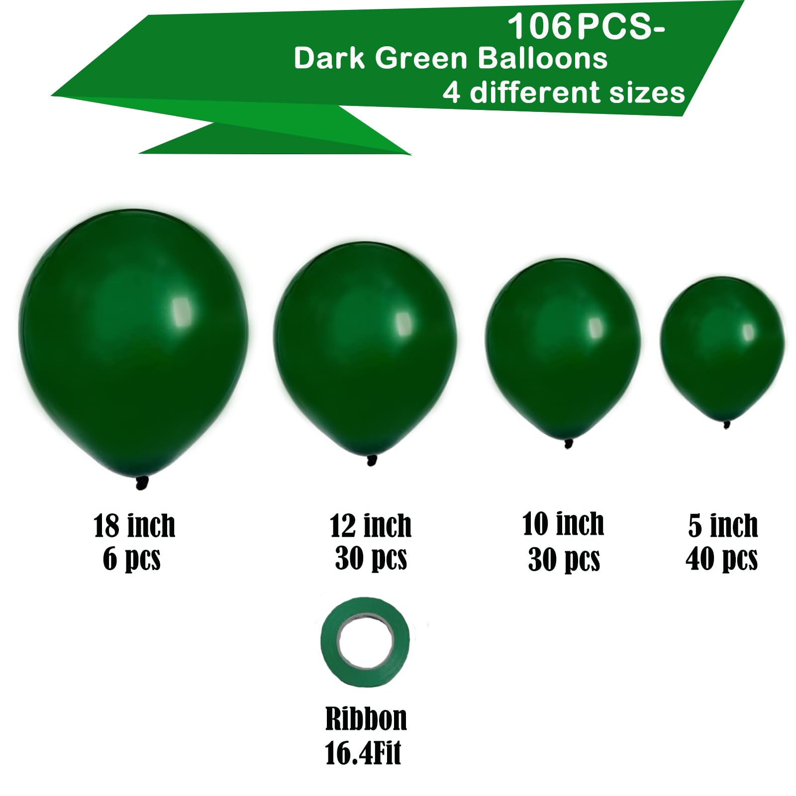Dark Green Balloons,106 pcs Hunter Green Balloons Different Sizes Pack of 18 12 10 5 Inch Emerald Green Balloon for Christmas Graduation Birthday Summer Jungle Forest Theme Party Decorations