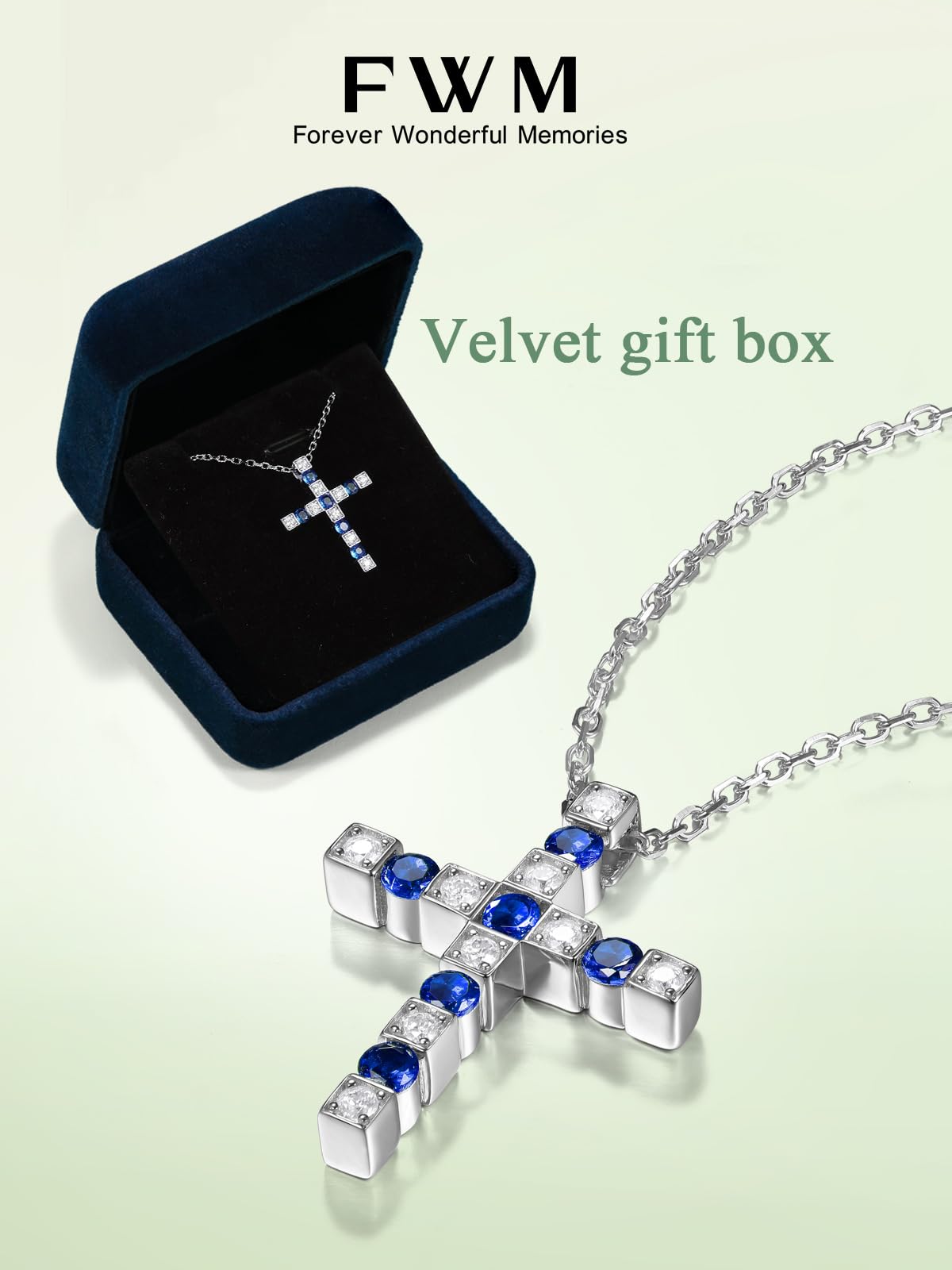 FWM Men Blue Cross Necklace 925 Sterling Silver Moissanite and Sapphire Cross Pendant for Women September Birthstone Gifts