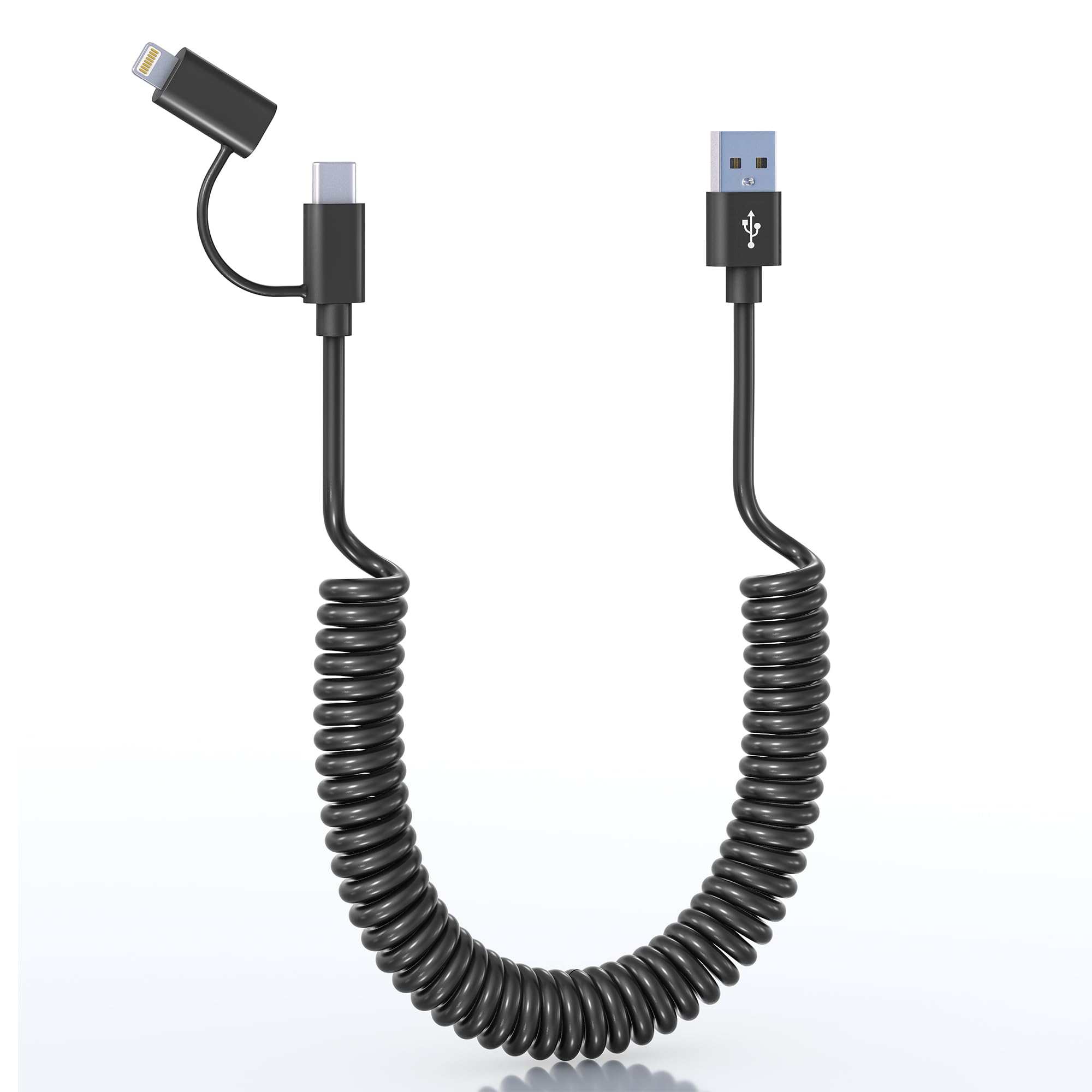 USB to USB C and Lightning Cable Combo 2 in 1 Coiled Cable Support Apple Carplay & Android Auto 3A Fast Charge Data Sync Short Curly Lightning and USB C Dual Cable for iPhone 15 14 13 12 Android, 3FT