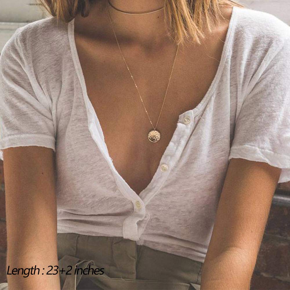 Turandoss Dainty Layering Pearls Necklace Bar Necklace Hammered Disc Pendant Necklace Simple Layering Necklace Gold Plated Choker for Women