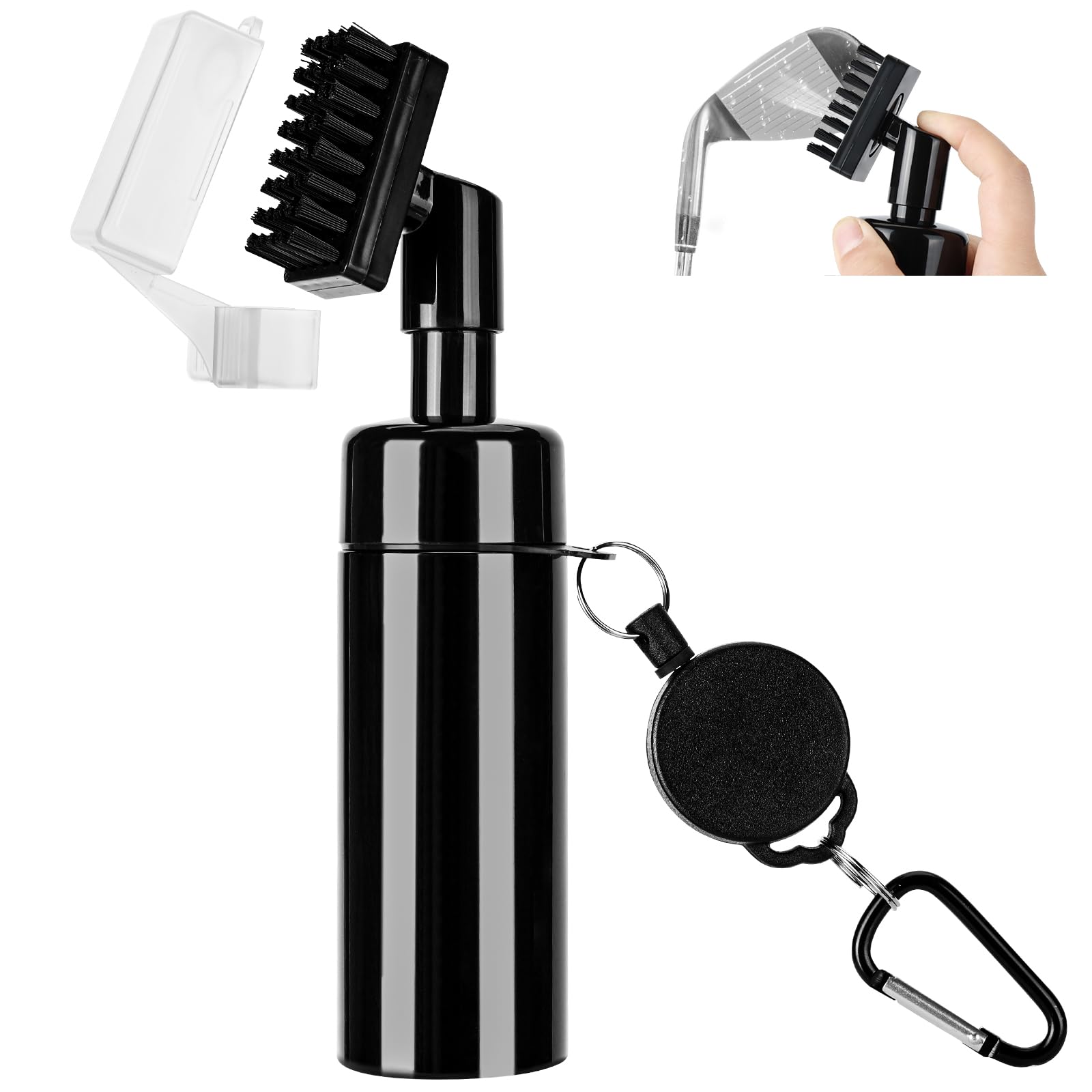Golf Club Brush Cleaner with Retainer Clip and Squeeze Water Bottle，Suitable for U & V-Grooves 8 Inches Golf Water Brush with Retractable Clip Hold 5.5oz of Water (Black)