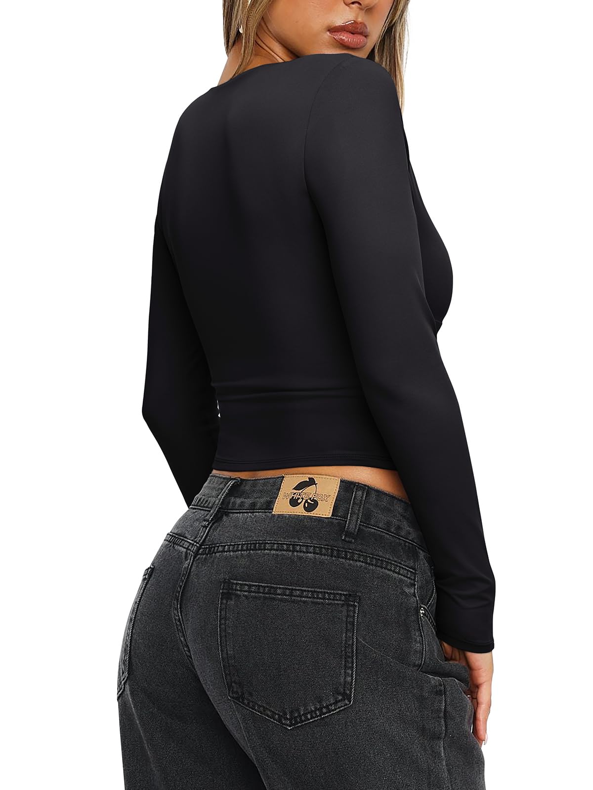 REORIA Women's Sexy Plunge Deep V Neck Long Sleeve Basic T Shirts Trendy Slim Fit Lightweight Y2K Going Out Crop Tops Black Large