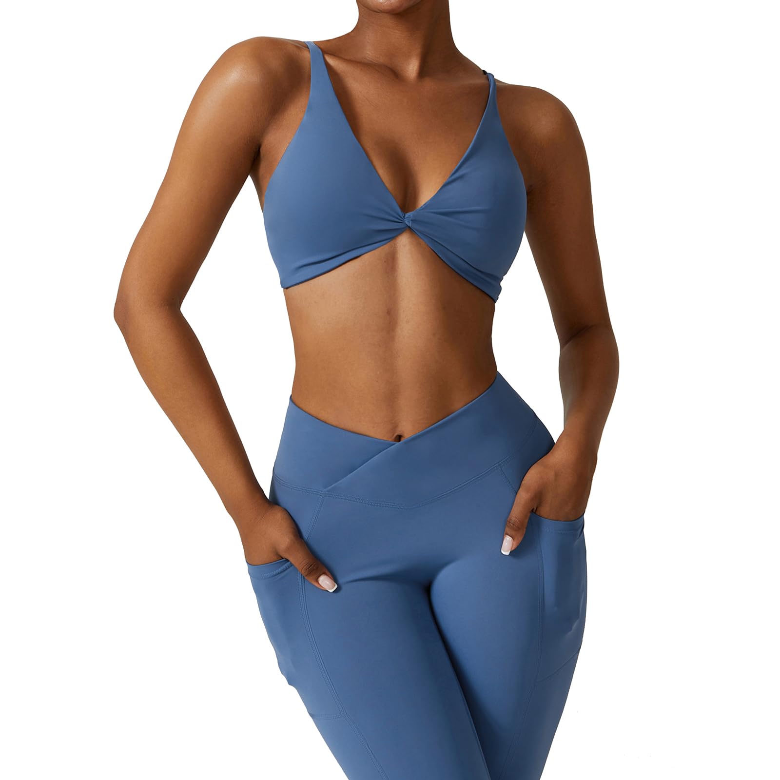 ABOCIW Workout Sets Crossover High Waist Leggings for Women with Pocket V Neck Twist Front Sports Bras for Women 2 Piece Yoga Gym Sets Crossover Blue Small