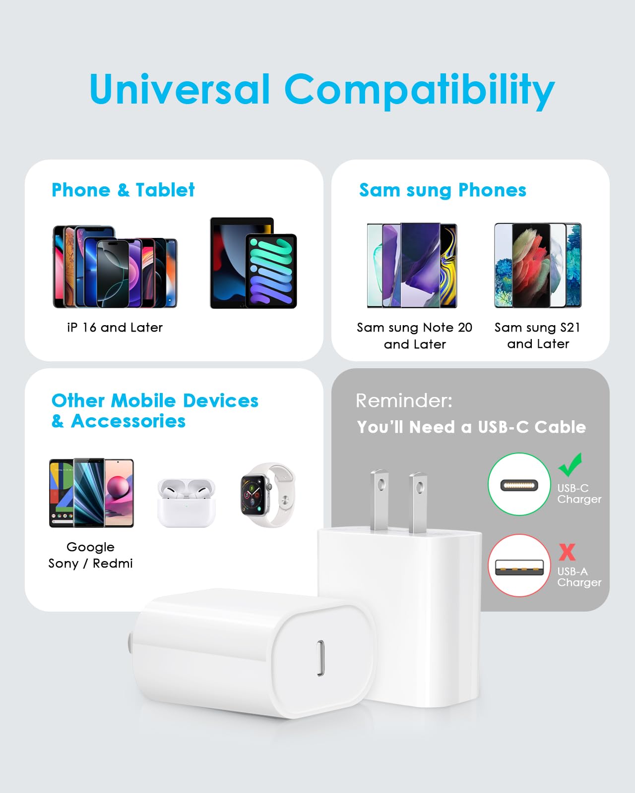 USB C Charger Block 20W-Type C Charger Fast Charging for IP 16/16 Pro/16 Plus/16 Pro Max /15/15 Pro/15 Plus/15 Pro Max/14/13/12/11/SE/XR/8, i Pad Pro/Mini, Galaxy, Pixel 4/3 and More [2-Pack]