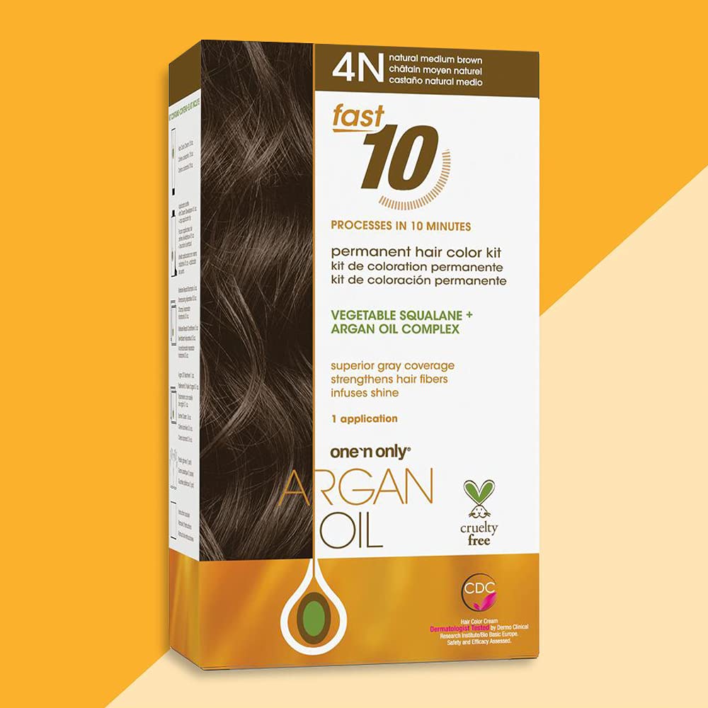 One 'n Only Argan Oil Fast 10 Permanent Hair Color Kit 4N Natural Medium Brown, Gray Hair Coverage in 10 Minutes, Helps Maintain Natural Moisture Balance, Advanced Micro-Pigments for Natural Tones