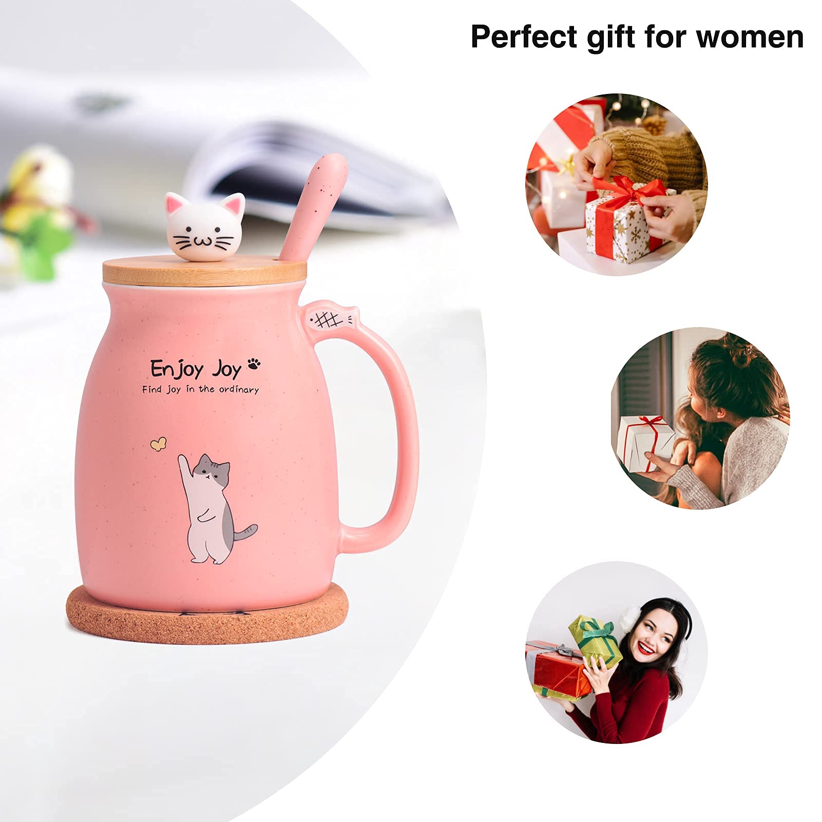 Feify Cute Cat Cup Ceramic Coffee Mug with Kawaii Cat Wooden Lid, Lovely Stainless Steel Spoon, Anime Kitty Thicken Wooden Coaster, Christmas Birthday Cute Thing Japanese Mug 16oz (Pink)