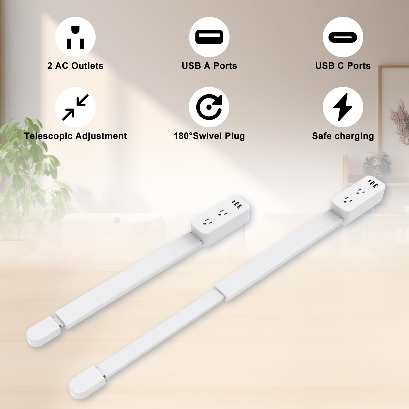 Electrical Outlet Extender Stick - Features USB-A, USB-C and 2 AC Outlets, Extends 22"-34", Rotates 180° Access Hard-to-Reach Outlets, Wall Plug Power Socket Expander Nightstands, Sofa, Desks and More