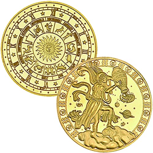 12 Constellation Challenge Coin Gold-Plated Lucky Coin, Birthday Present Gift for Him or Her (Aquarius)