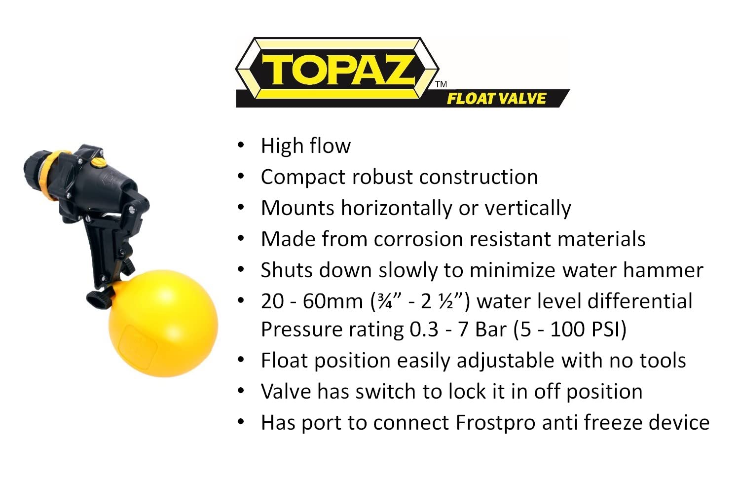 Jobe Valves J-TPV0100DLT Topaz Trough Valve with 4.9"-Wide Float, 200L/Min, 100PSI, Detach Long Tail, 1" NPT Inlet, Yellow/Black
