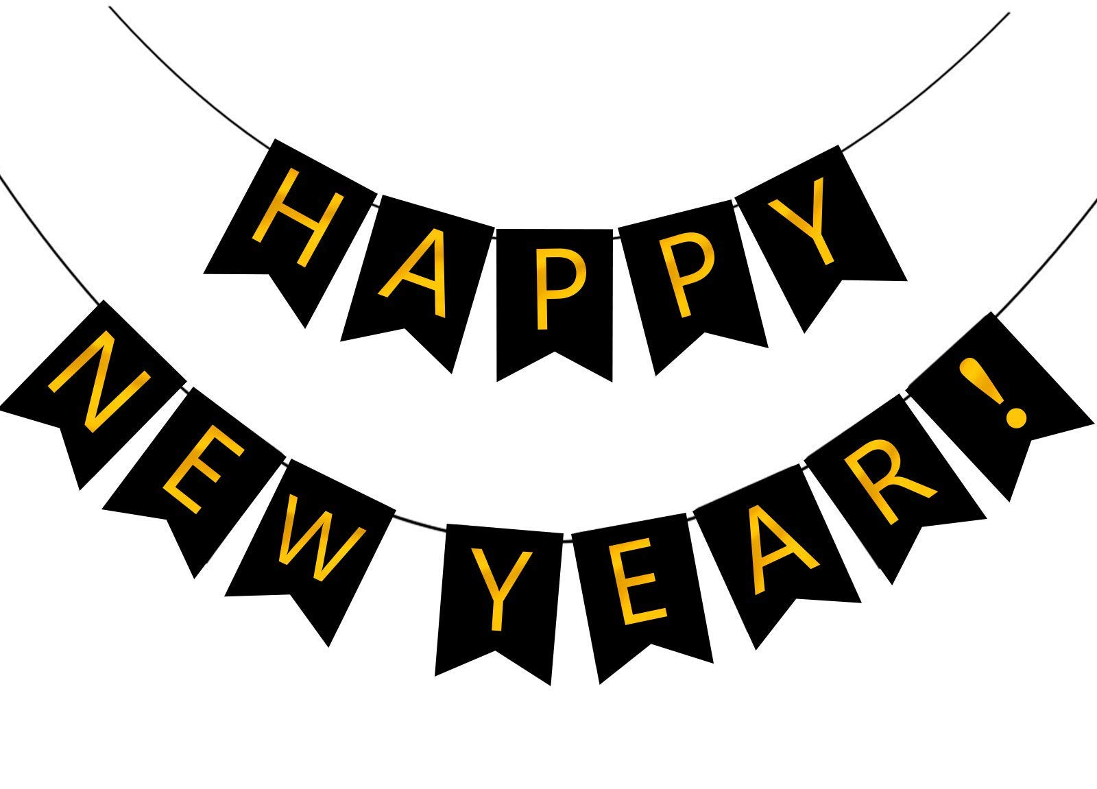 FECEDY Happy New Year Banner Black Bunting with Gold Alphabet for New Year Party Supplier Eve Party Decorations