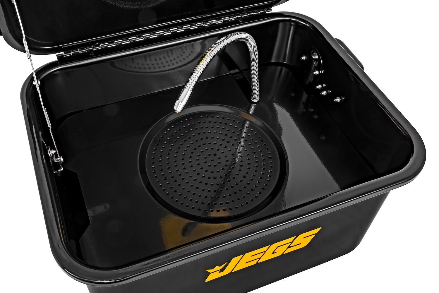 JEGS 5-Gallon Portable Parts Washer | 3.5 Gallon Solvent Capacity | 3.96 Gallon Per Minute Max Pump Output | Heavy Duty Steel | Powder Coated Black with JEGS Logo