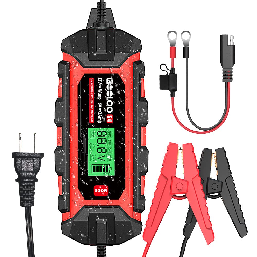 GOOLOO S4 4 Amp Car Battery Charger Automotive, 6V/2A 12V/4A Smart Trickle Charger Maintainer with Supply Mode, Automatic Motorcycle Battery Charger for Truck Lawn Mower RV Boat Lead-Acid Battery