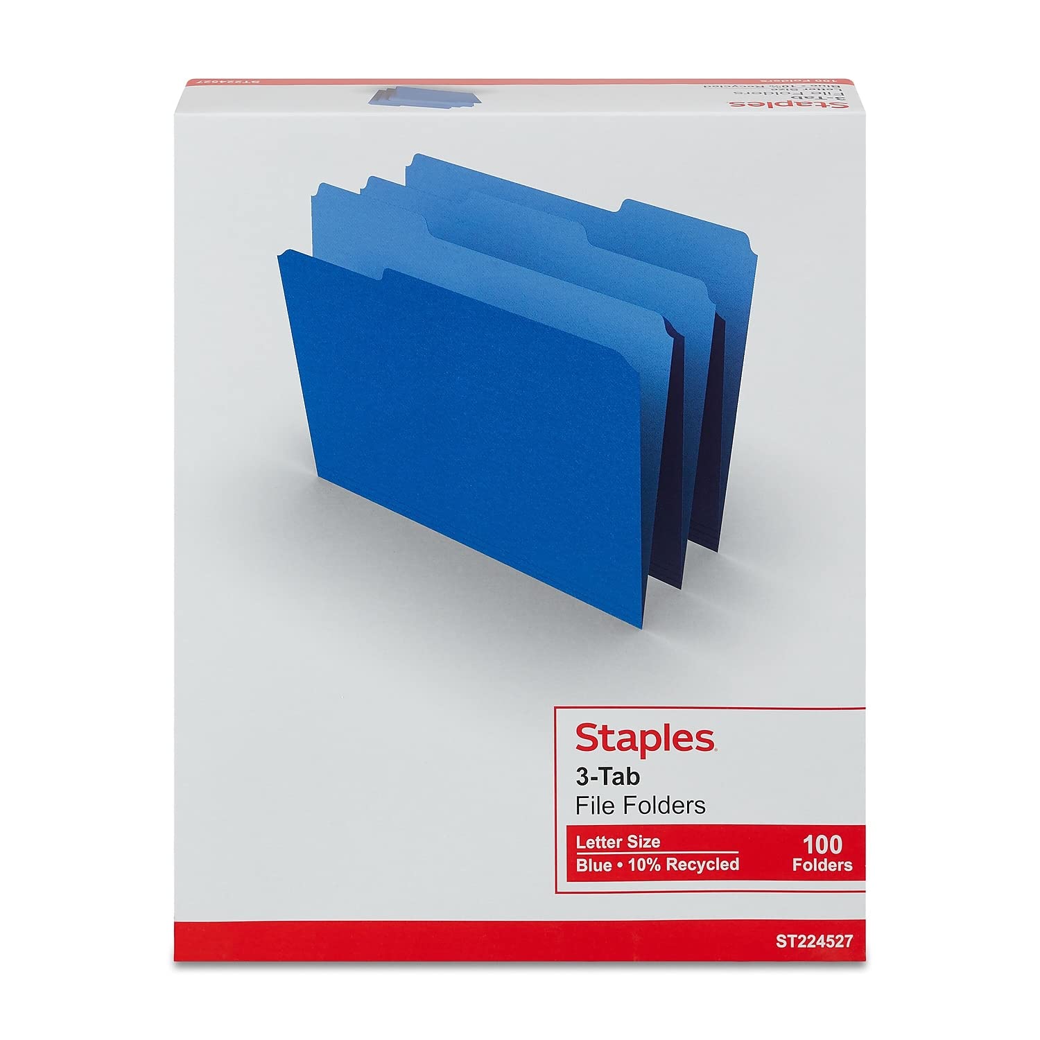 Staples 224527 Colored File Folders 3-Tab Letter Blue 100/Box