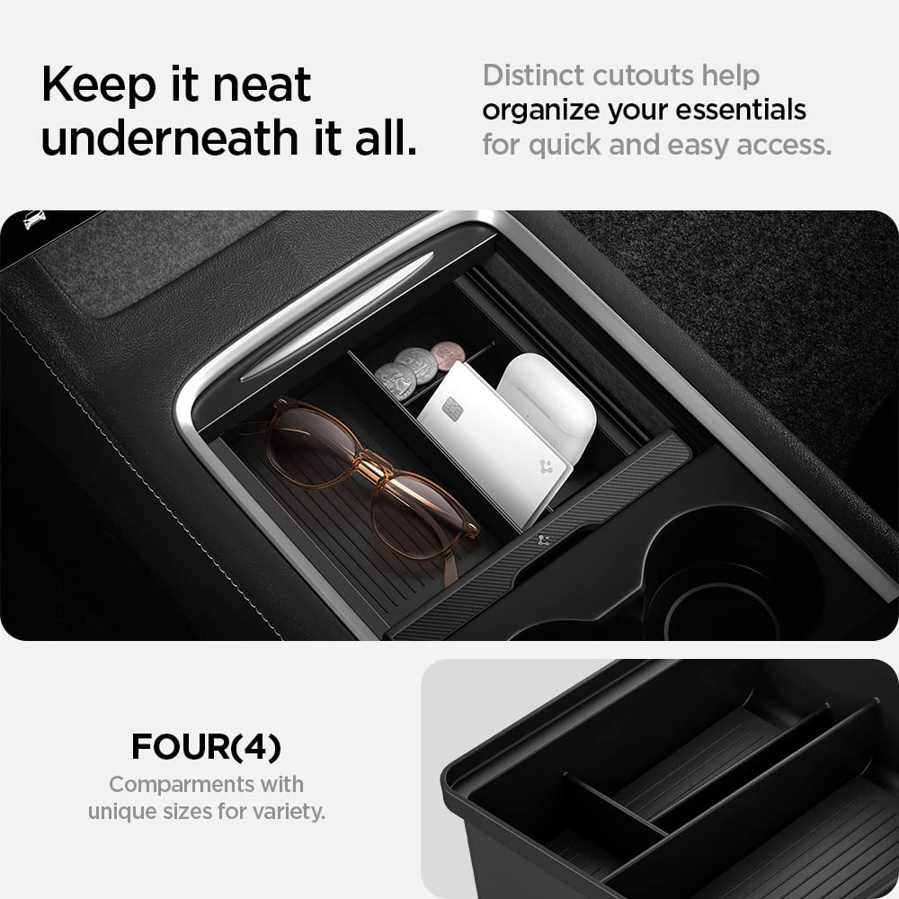 Spigen Center Console Organizer Tray(Carbon Edition) Designed for Tesla Model 3/Y with Smooth Slide Technology 2024/2023/2022 [Not Compatible with Model Y 2024]