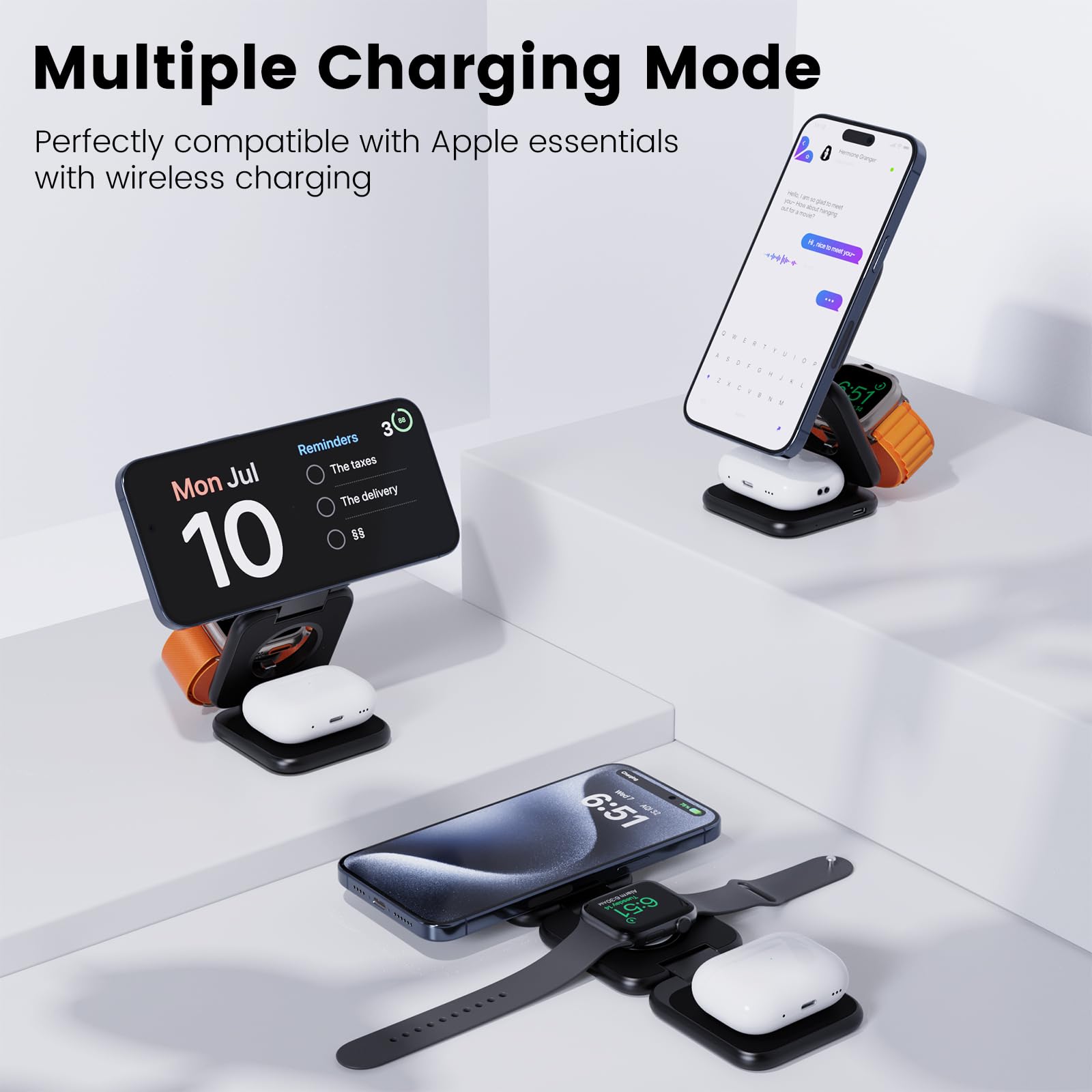 KU XIU X55 Plus 3 in 1 Charging Station for Apple Devices, Magnetic Foldable Wireless Charger 15W Fast Charging Pad for iPhone 16/15/14/13/12, for Apple Watch, for AirPods 3/2/Pro- Black