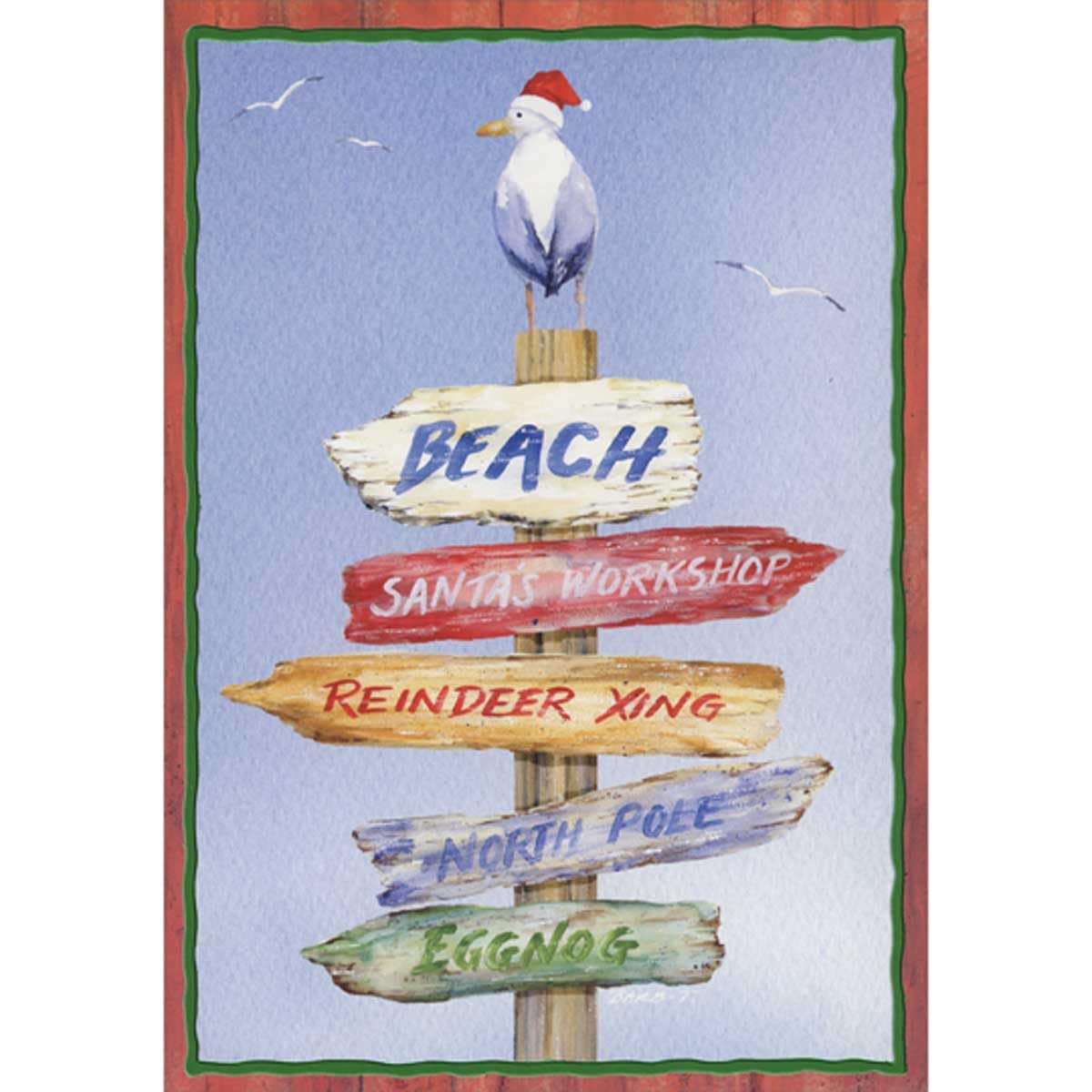 Red Farm Studios Seagull Perched on Wooden Post with Destination Directional Arrow Signs | Pack of 15 Coastal Christmas Cards