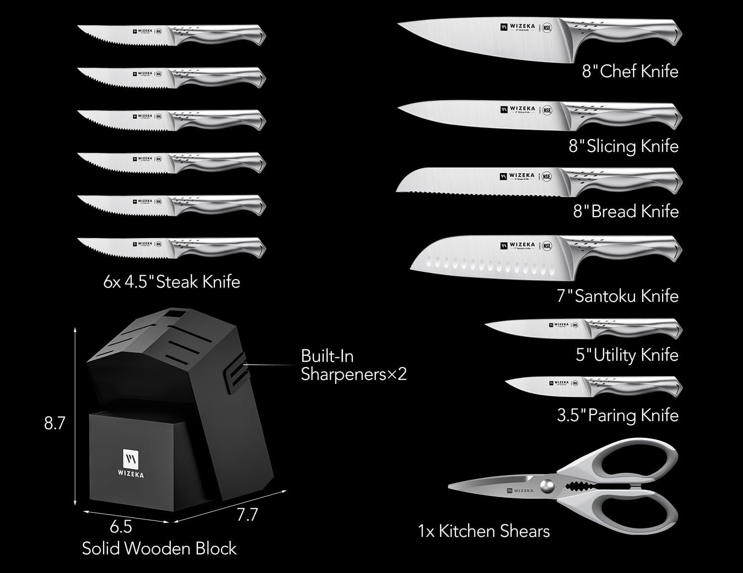 WIZEKA Kitchen Knife Set with Block, Razor Sharp 15 Pcs Professional Chef Knife Set with Knife Sharpener, Food Grade German Stainless Steel Knife Block Set, Jaguar Series