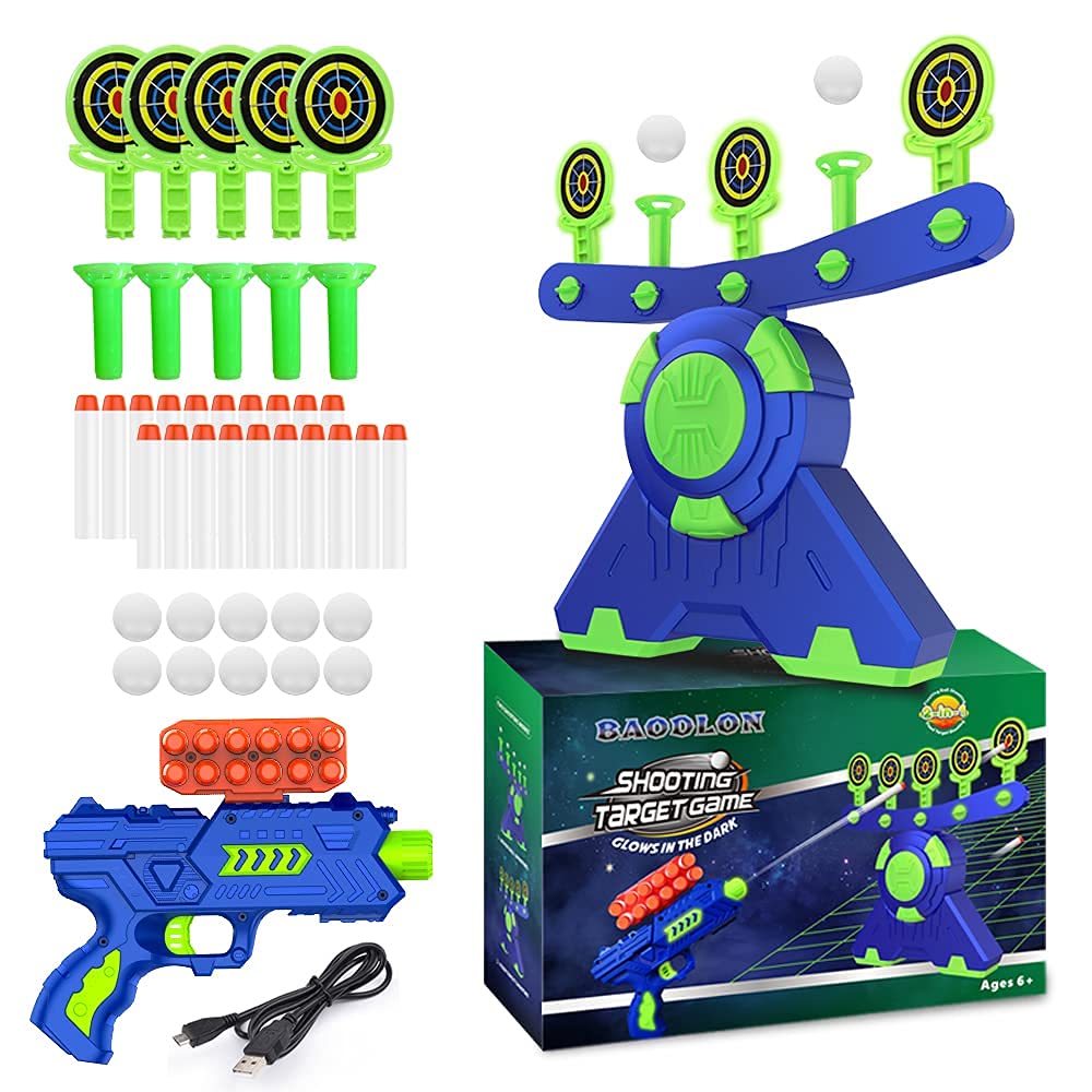 BAODLON Shooting Games Toy for Age 5, 6, 7, 8, 9, 10+ Years Old Kids, Boys - Glow in The Dark Floating Ball Target with Foam Dart Toy Gun, 10 Balls/5 Targets - Ideal Gift