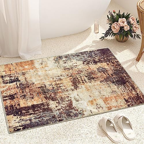 OIGAE Washable Rug 2x3, Abstract Modern Small Entryway Rug Door Mat with Non-Slip Backing, Front Entrance Carpet for Entrance Bedroom Bedside Kitchen Laundry Home Decor, Gold/Brown