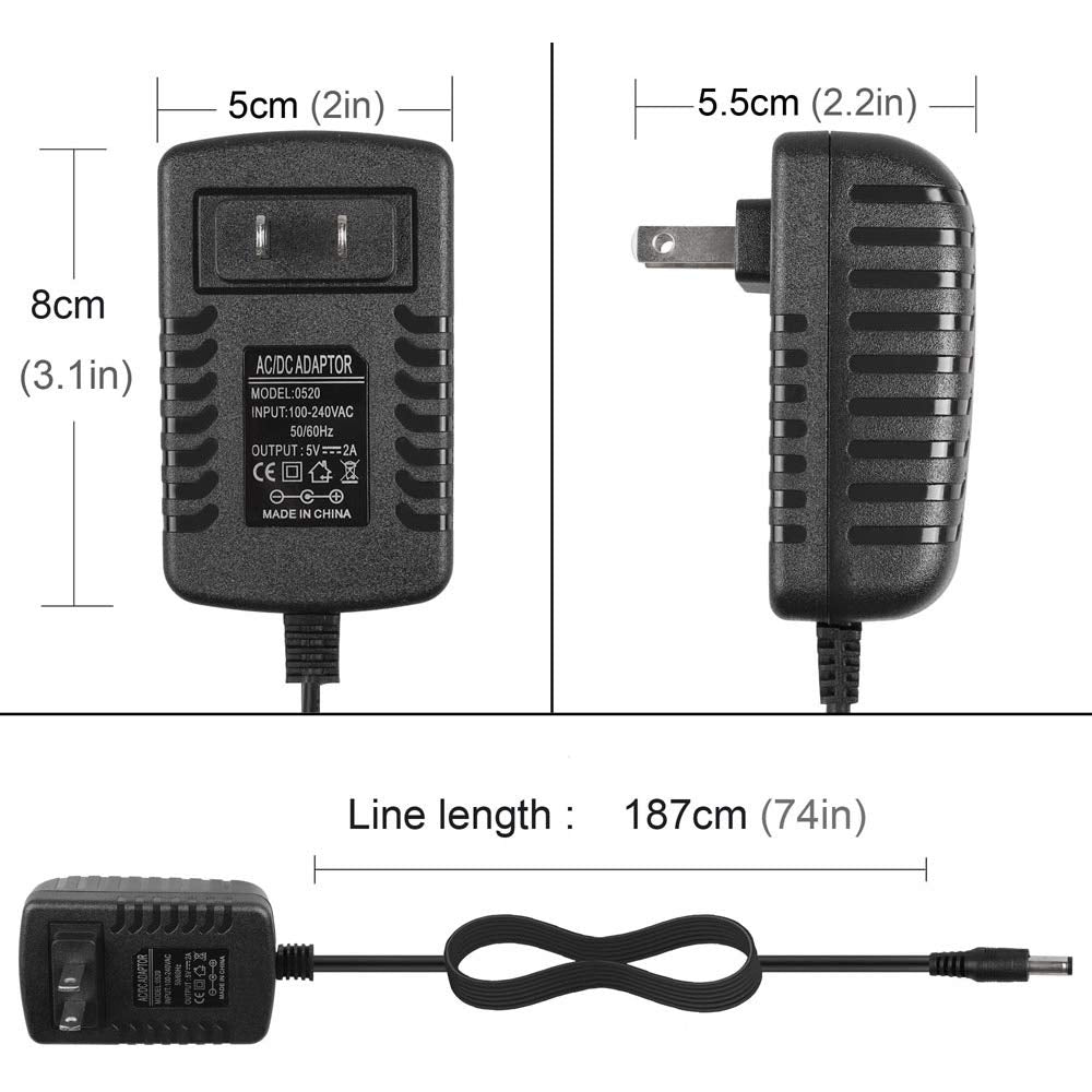 DC 5V 2A 2000mA Power Supply Cord Charger Multi Tips 10W AC Adapter with 8 Selectable Multiple Switching Connectors for TV Box LED Lights Strip Tablets Webcam Camera Speaker Router Transformer ect