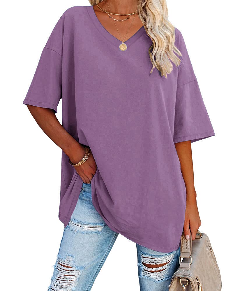 Ebifin Women's Oversized T Shirts Tees Half Sleeve V Neck Comfy Cozy Cotton Tunic Tops