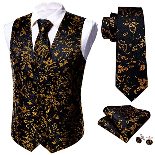 Barry.Wang Mens Blue Vest Paisley Flower Formal/Leisure Silk Waistcoat Tie Set 5PCS Wedding Tuxedo