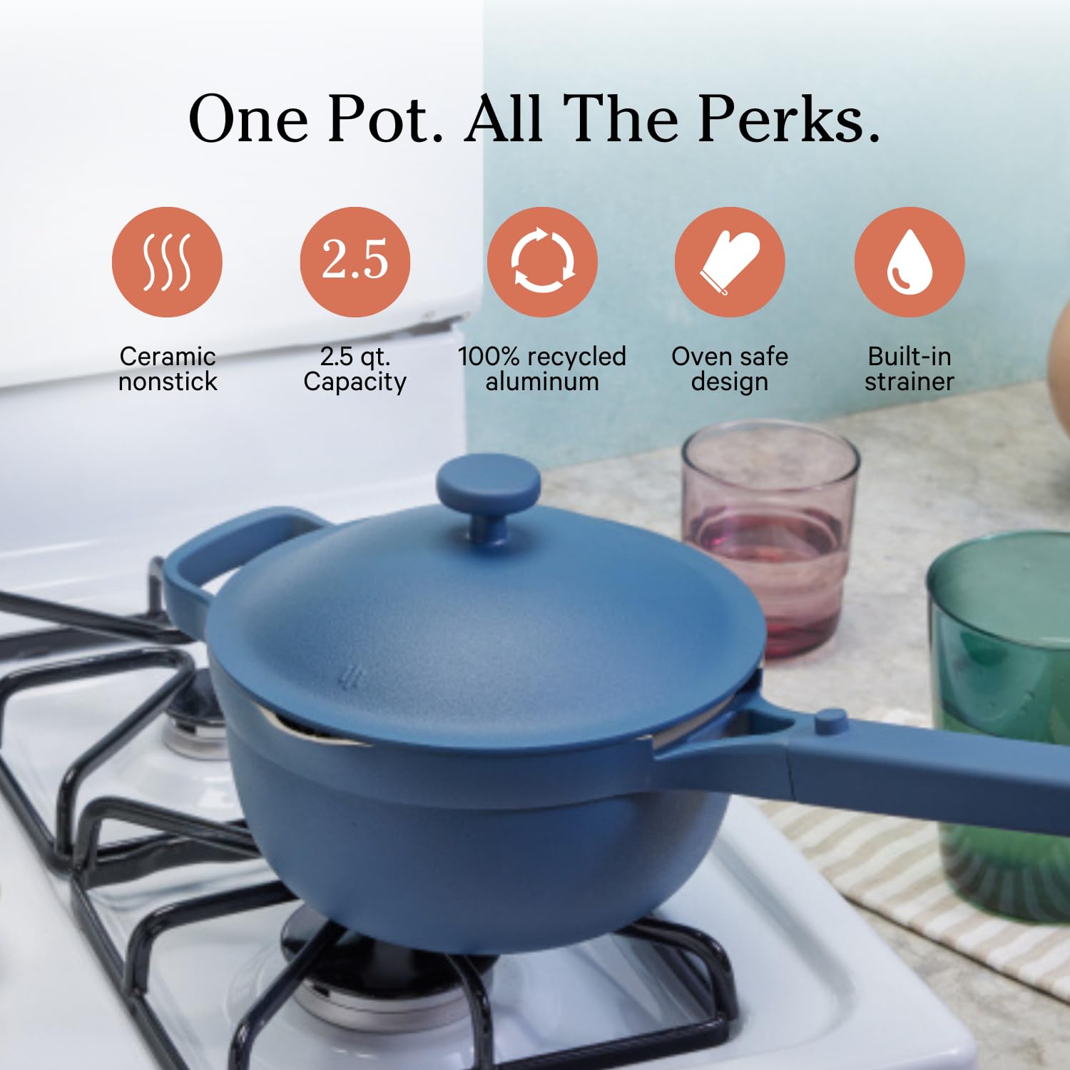 Our Place Perfect Pot - Mini. Nonstick Ceramic Sauce Pan with Lid | Versatile Cookware for Stovetop and Oven | Steam, Bake, Braise, Roast | PTFE and PFOA-Free | Toxin-Free, Easy to Clean | Blue Salt