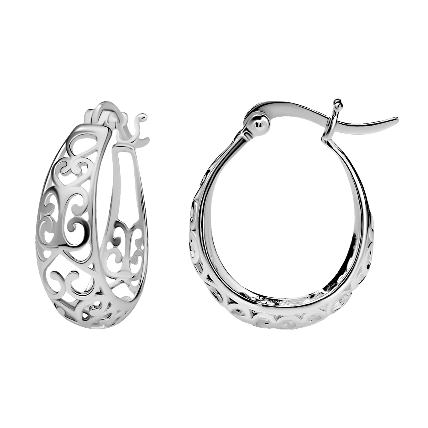 Silver Hoop Earrings for Women Girls - Oval Filigree Trendy Fashion Hoop Earrings – Sterling Silver Earrings for Women Girls Gift Holiday