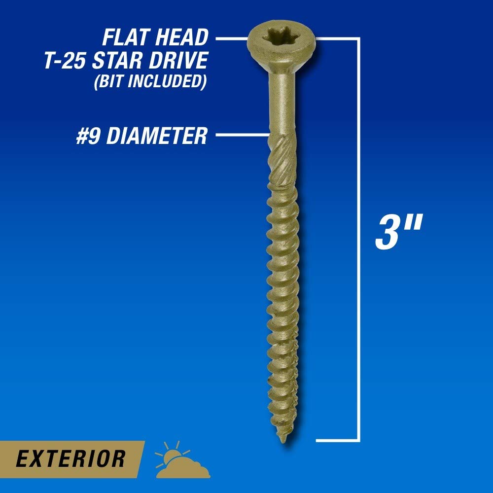 Power Pro Premium Exterior Wood Screws, 9 x 3", 5 lb Bucket of Screws, Exterior Epoxy Coated, Bronze, 417 Pieces